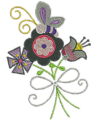 Embroidery Design: Flowers with butterfly and ribbon 4.27w X 5.98h
