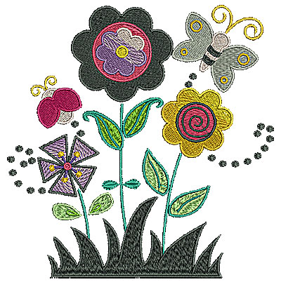Embroidery Design: Butterfly in garden with flowers 5.98w X 6.13h