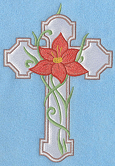 Embroidery Design: Cross applique with orange flower 6.88w X 4.75h