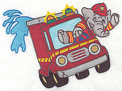 Embroidery Design: Elephant fireman in fire truck 6.41w X 4.88h