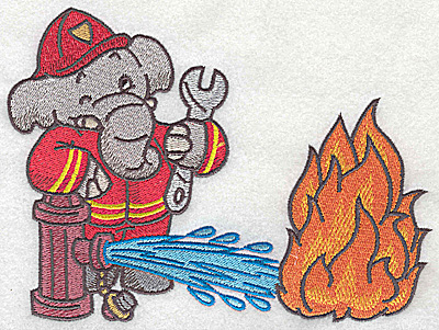Embroidery Design: Elephant fireman at hydrant dousing fire large 6.44w X 4.92h
