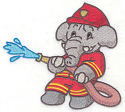 Embroidery Design: Elephant fireman fighting fire with hose large 4.97w X 4.49h