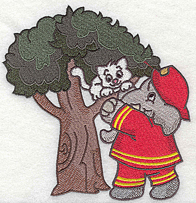 Embroidery Design: Fireman rescuing kitten from tree 4.93w X 5.19h
