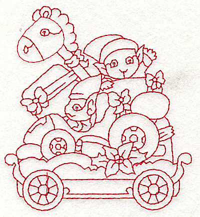 Embroidery Design: Train with elves redwork 3.30w X 3.70h