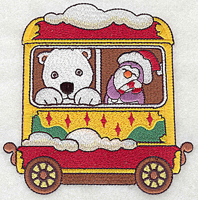 Embroidery Design: Train with polar bear and penguin large 4.86w X 4.91h