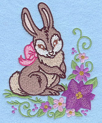 Embroidery Design: Bunny with bow and flowers 4.05w X 4.98h