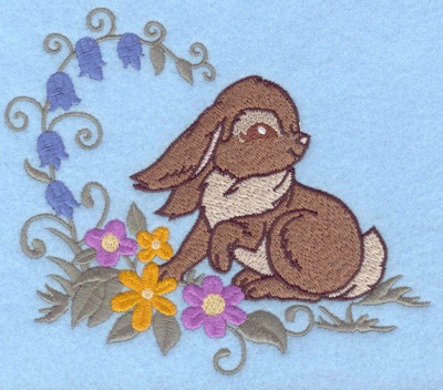 Embroidery Design: Bunny and flowers bluebells 5.79w X 4.93h