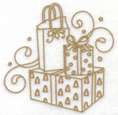 Embroidery Design: Gift boxes bags stars and swirls large 4.93w X 4.93h