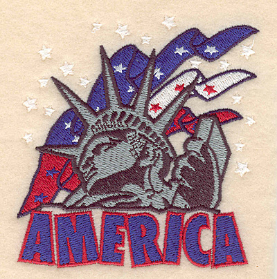 Embroidery Design: America Statue of Liberty with banners 3.62"w X 3.86"h