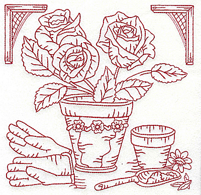 Embroidery Design: Flower pot with roses large 6.98w X 6.95h