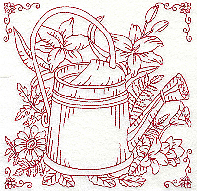 Embroidery Design: Watering can with flowers large 6.93w X 6.93h