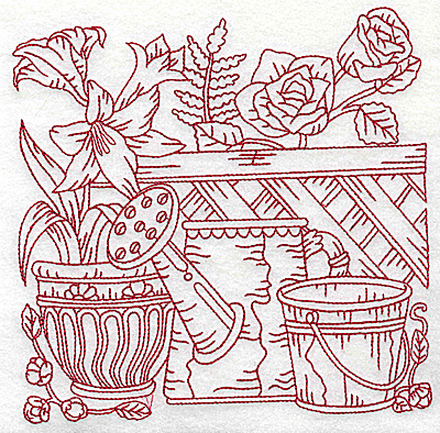 Embroidery Design: Floral pot with watering can and bucket large 6.97w X 6.93h
