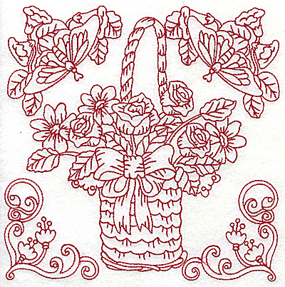 Embroidery Design: Floral basket with bow and butterflies large 6.96w X 6.95h