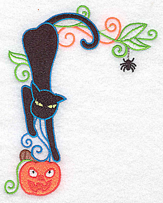 Embroidery Design: Black cat heading downward to pumpkin 3.92w X 4.98h