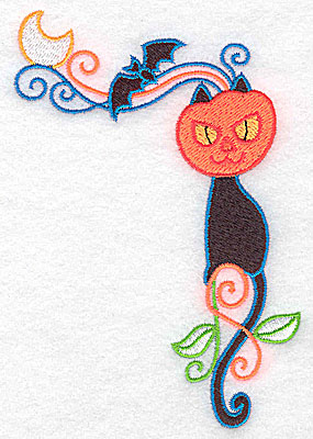 Embroidery Design: Black cat with pumpkin head and bat 3.34w X 4.96h