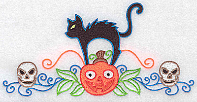 Embroidery Design: Black cat pumpkin and skulls 6.95w X 3.37h