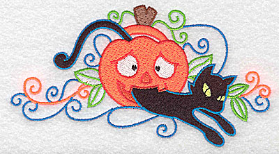 Embroidery Design: Black cat jumping out of pumpkin 5.49w X 2.95h