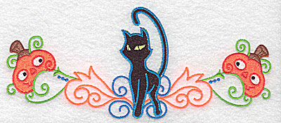 Embroidery Design: Black cat with pumpkins on either side 6.93w X 2.92h