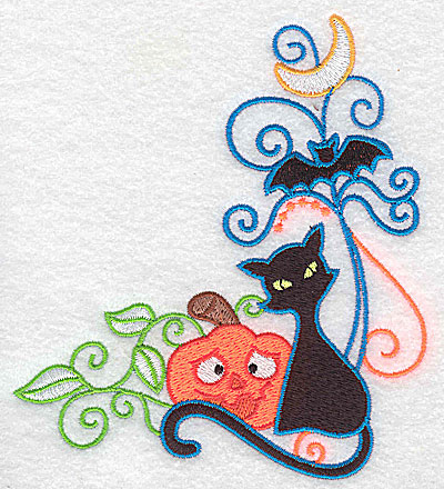 Embroidery Design: Pumpkin black cat and bat 4.46w X 4.97h