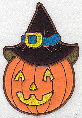 Embroidery Design: Pumpkin wearing witch hat double applique 6.93w X 4.71h