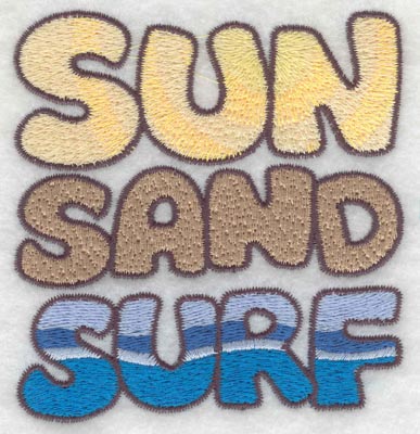Embroidery Design: Sun sand surf text3.43w X 3.61h