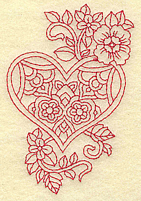 Embroidery Design: Heart and flowers redwork H 2.48w X 3.87h