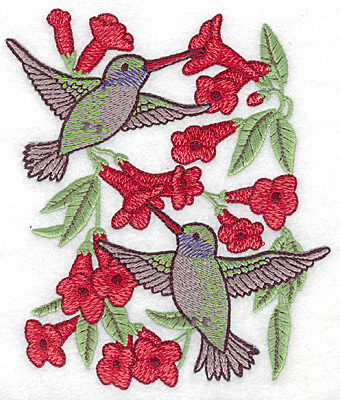 Embroidery Design: Hummingbirds at trumpet flower 5.00w X 5.68h