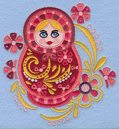 Embroidery Design: Matryoshka Applique Doll E with flowers 4.37"w X 4.72"h