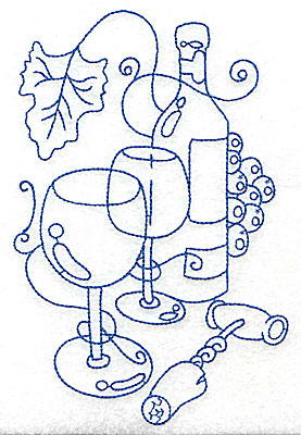 Embroidery Design: Wine Bottle with glasses large 4.60w X 6.98h