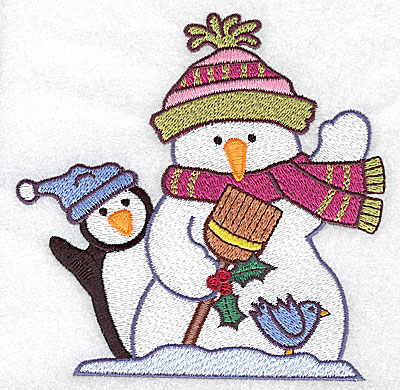 Embroidery Design: Snowman penguin and bluebird large 4.92w X 4.96h