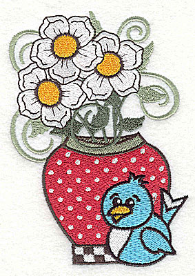 Embroidery Design: Flowers in vase with bluebird large 3.40w X 2.98h