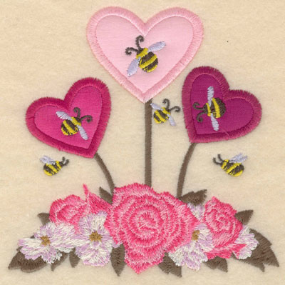 Embroidery Design: Small floral heart appliques with bees4.97w X 5.01h