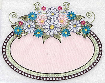 Embroidery Design: Oval pink applique with daisies 6.30w X 4.98h