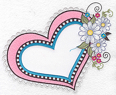 Embroidery Design: Heart white satin applique with daisies large  7.84w X 6.44h