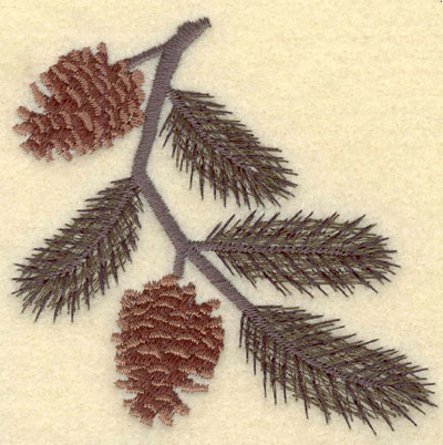 Embroidery Design: Pine Bough with Two Pine Cones3.69w X 3.61h