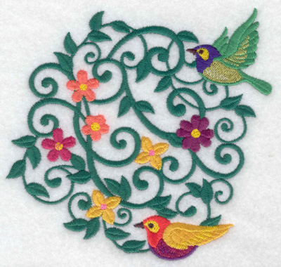 Embroidery Design: Birds and flowers round 5.25w X 4.93h