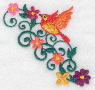 Embroidery Design: Bird in flight flowers and vines 3.80w X 3.61h