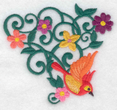 Embroidery Design: Bird in flight vine and flowers 3.73w X 3.39h
