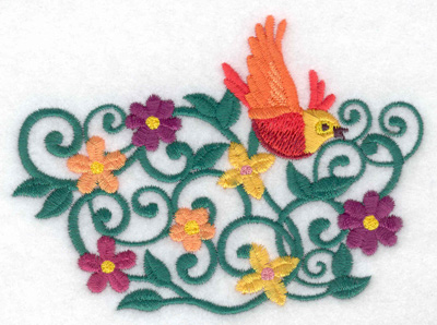 Embroidery Design: Bird flying vines and flowers 4.58w X 3.32h