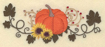 Embroidery Design: Pumpkin with Sunflowers Vines & Berries7.00w X 2.85h