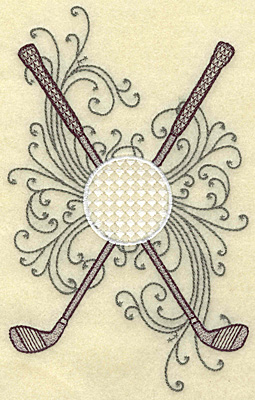 Embroidery Design: Crossed golf clubs ball and swirls large 4.35w X 7.00h
