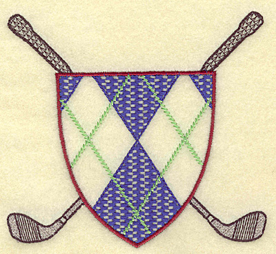 Embroidery Design: Crossed golf clubs with plaid shield 4.96w X 4.47h
