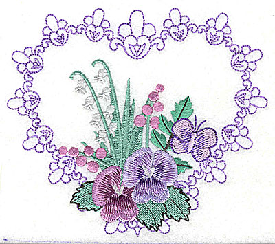 Embroidery Design: Pansies in Heart E large 4.96w X 4.35h