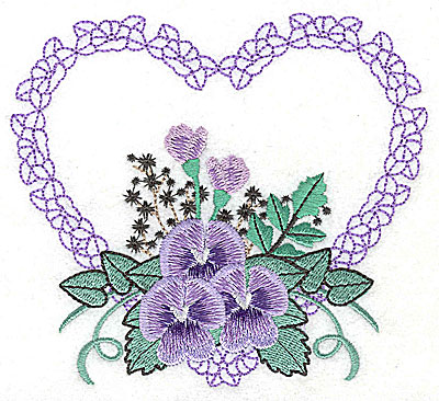 Embroidery Design: Pansies in Heart F large 4.97w X 4.47h
