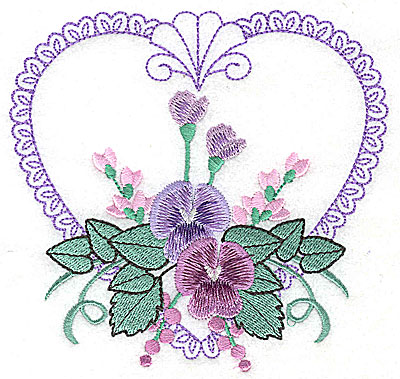 Embroidery Design: Pansies in Heart G large 4.96w X 4.73h
