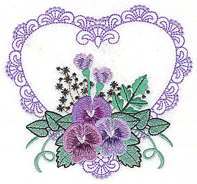 Embroidery Design: Pansies in Heart H large 4.95w X 4.60h