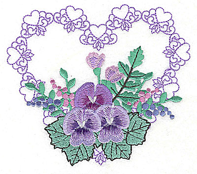 Embroidery Design: Pansies in Heart J large 4.97w X 4.36h