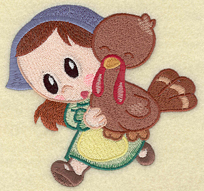 Embroidery Design: Pilgrim girl running with turkey large 4.88w X 4.67h