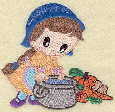 Embroidery Design: Pilgrim girl cooking large 4.89w X 4.59h