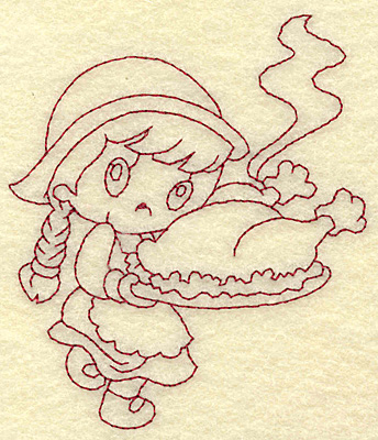 Embroidery Design: Pilgrim girl with cooked turkey redwork 3.35w X 3.88h